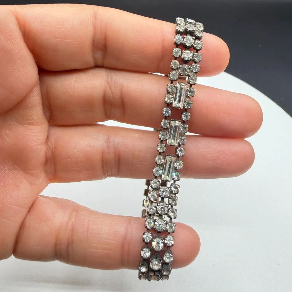 Clear Rhinestone Silver Tone Multi Row Bracelet Baguette Statement Bridal Gift